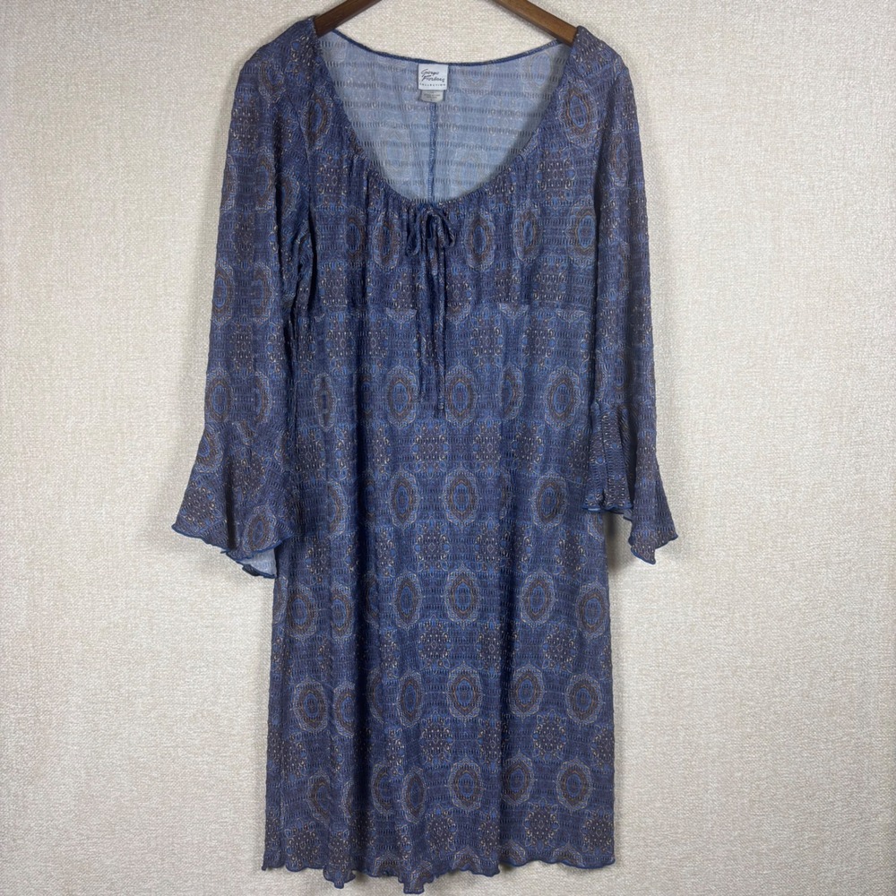 Giorgio Fiorlini Blue Paisley Medallion Bell Sleeve Empire Waist Dress Large